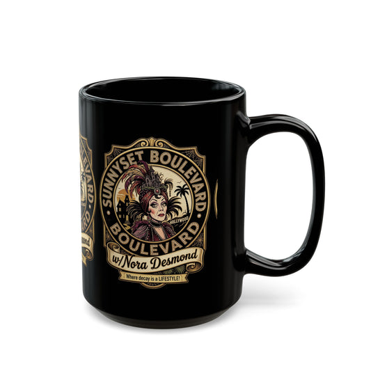 Black Mug — "Sunyset Boulevard w/ Nora Desmond" Vintage Glam Coffee Mug (11oz/15oz) - Creations by Chris and Carlos