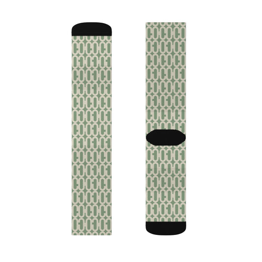 Prism Point Athletic Collection- Geometric Sage Pattern Sublimation Socks Cozy Retro Chainlink Crew Socks - Creations by Chris and Carlos
