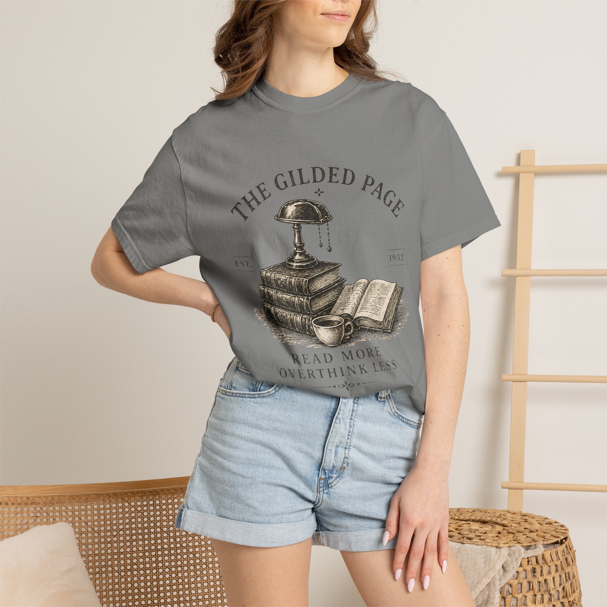 Vintage Book Lovers T‑Shirt — “The Gilded Page: Read More, Overthink Less” - Creations by Chris and Carlos