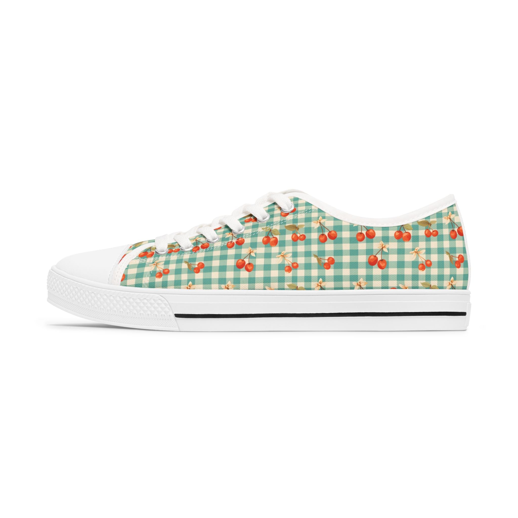 Low Top Sneakers — Mint Gingham with Cherry Print Casual Canvas Shoes - Creations by Chris and Carlos