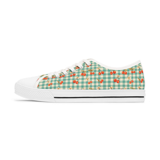 Low Top Sneakers — Mint Gingham with Cherry Print Casual Canvas Shoes - Creations by Chris and Carlos