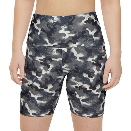 Women's Camo Workout Shorts — Grey Black All-Over Print Activewear - Creations by Chris and Carlos