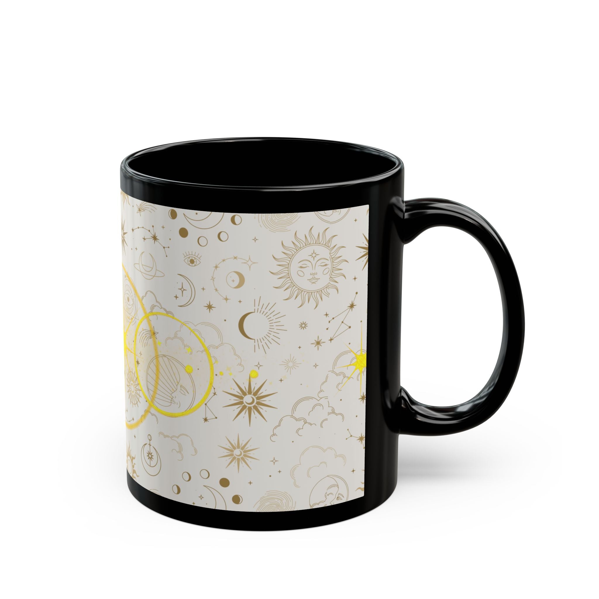 Celestial Sun & Moon Black Mug — Golden Astrology Pattern (11oz/15oz) - Creations by Chris and Carlos