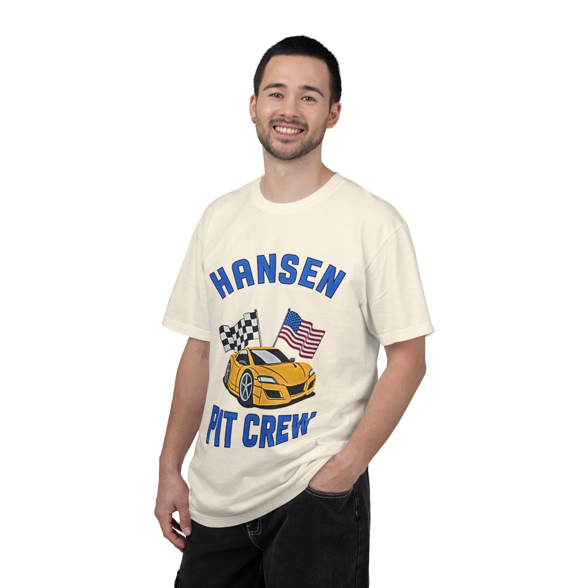 The Pitt TV Show Pit Crew Racing T‑Shirt — 'Hansen' Sports Car with Checkered Flag & American Flag - Creations by Chris and Carlos