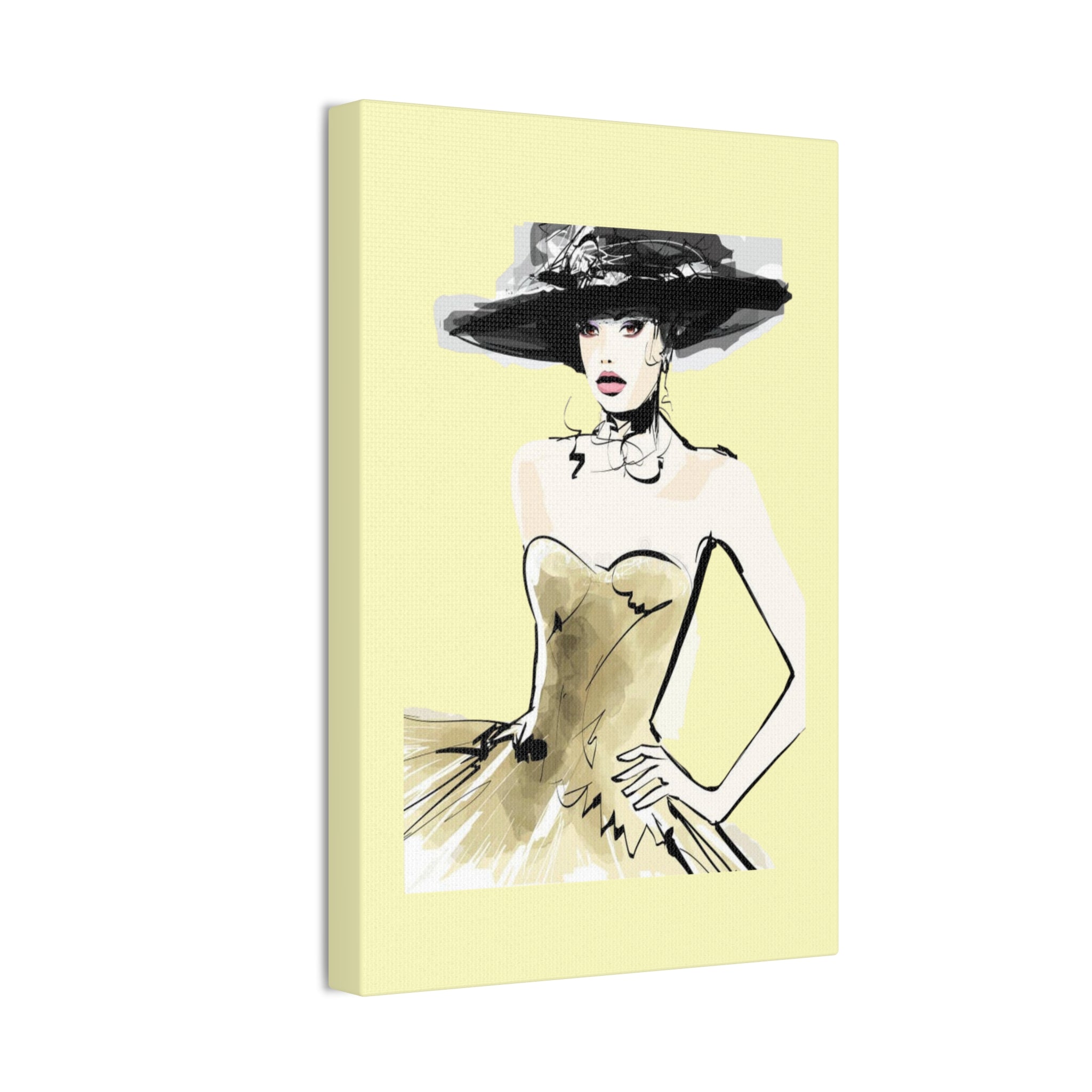 Fashion Illustration Canvas Wall Art - Elegant Woman in Gold Dress (Stretched Canvas) - Creations by Chris and Carlos