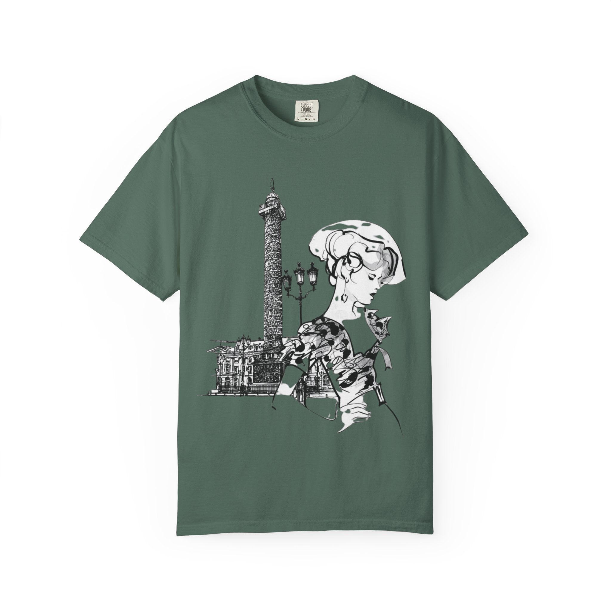 Parisian Vintage Illustration T-Shirt — Eiffel Tower & Chic Lady Tee - Creations by Chris and Carlos