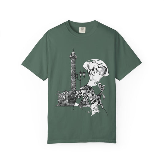 Parisian Vintage Illustration T-Shirt — Eiffel Tower & Chic Lady Tee - Creations by Chris and Carlos