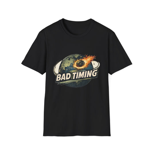 Bad Timing Graphic T-Shirt — Retro Meteor Earth Design - Creations by Chris and Carlos