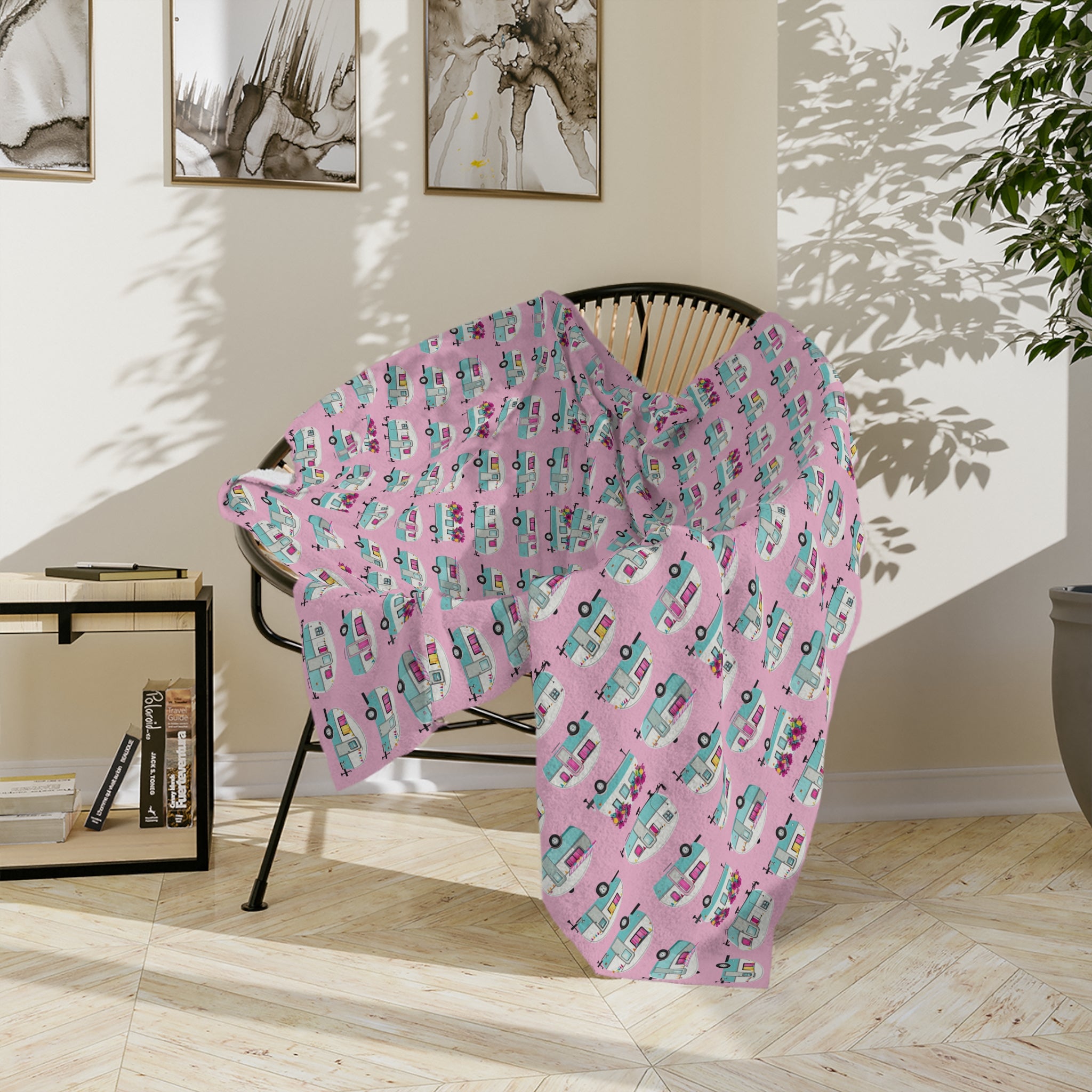 The Sugar Shack- Pink Retro Camper Velveteen Microfiber Blanket Cute Travel Van Pattern Throw - Creations by Chris and Carlos