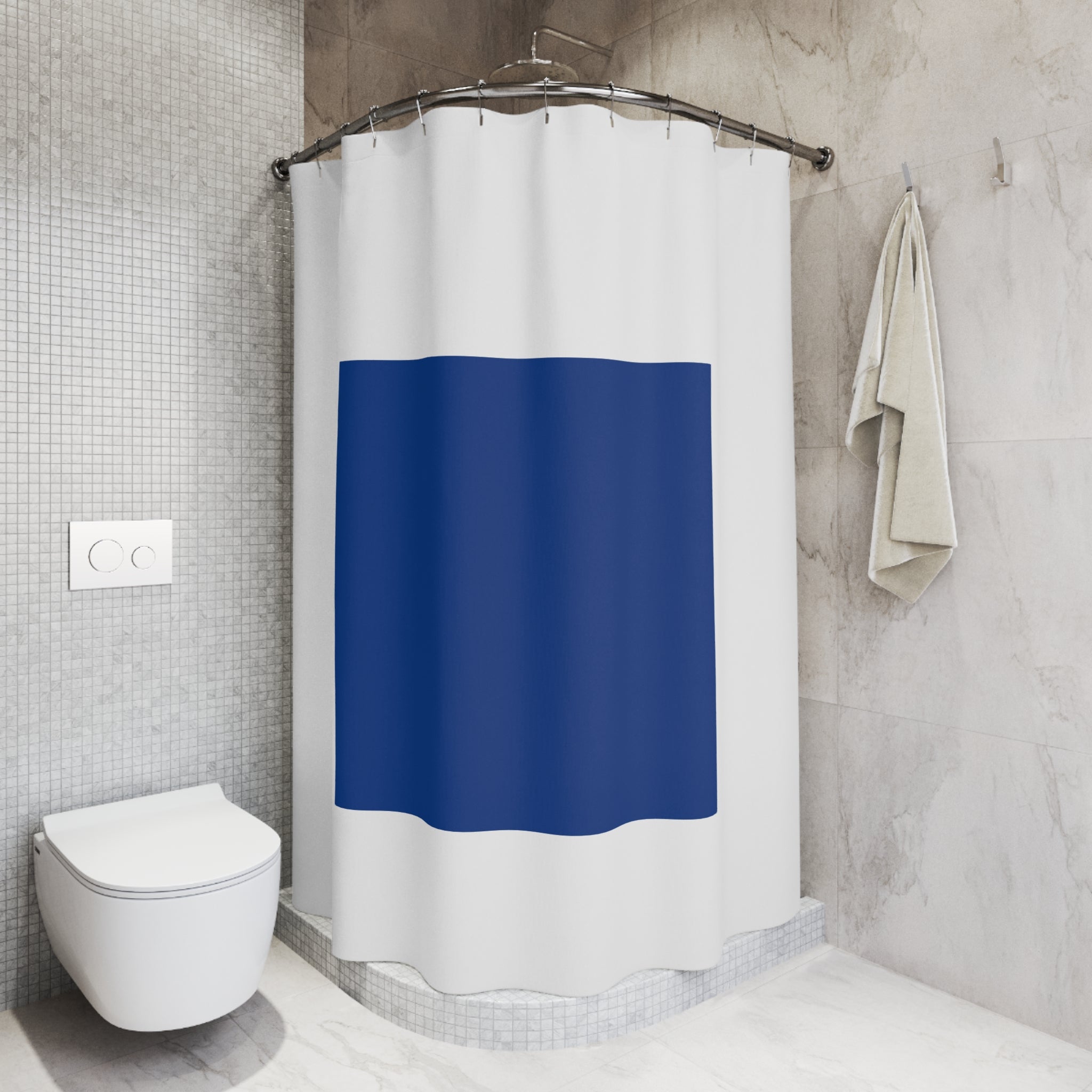 Navy Minimalist Square Shower Curtain — Modern Geometric Bathroom Decor - Creations by Chris and Carlos