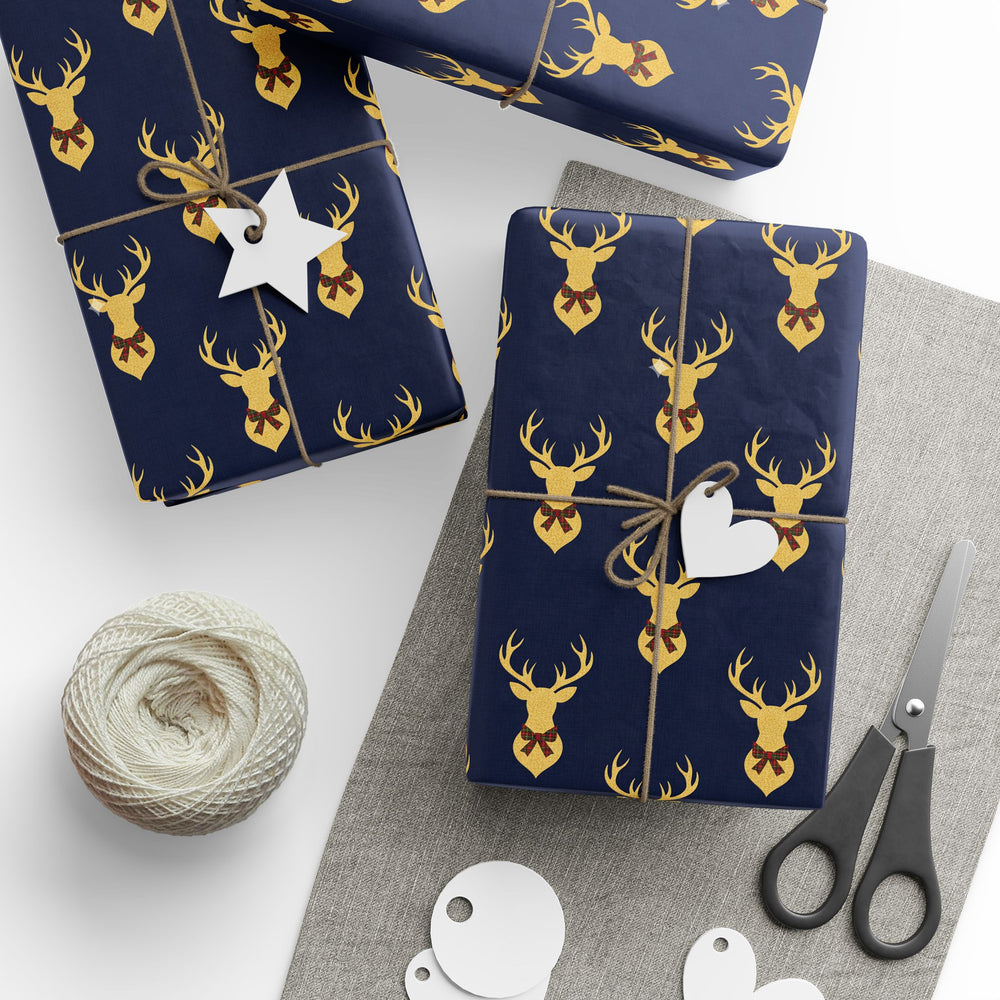Reindeer Pattern Wrapping Paper Roll — Nautical Navy & Gold Gift Wrap