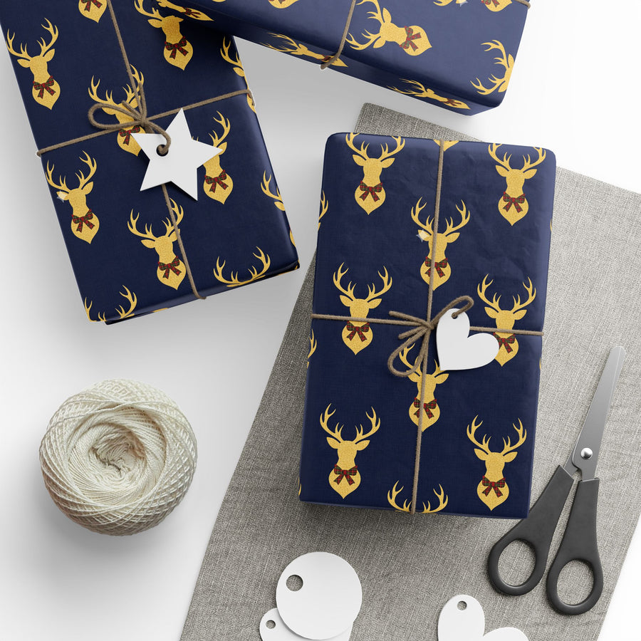 Reindeer Pattern Wrapping Paper Roll — Nautical Navy & Gold Gift Wrap