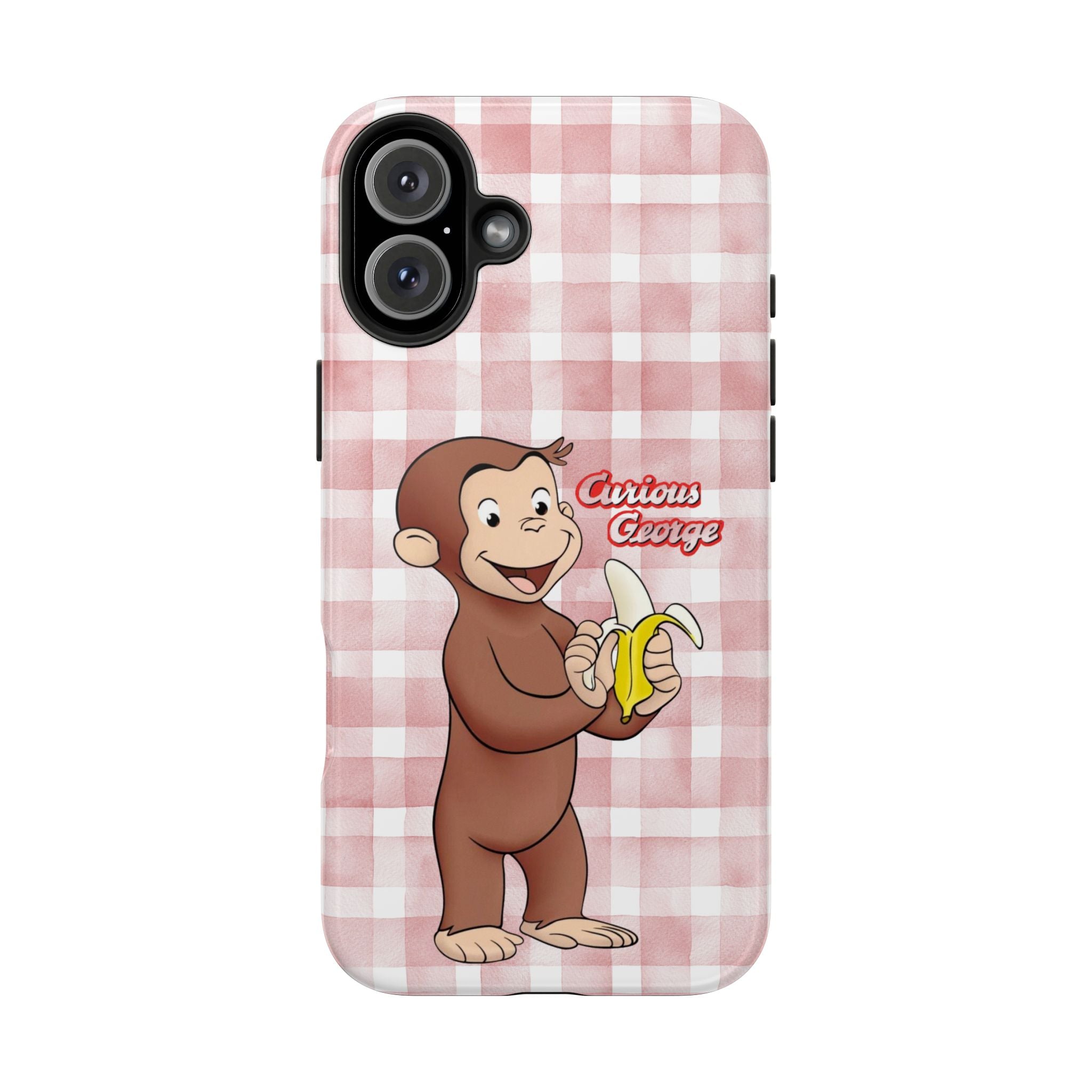 Curious George Banana Tough Phone Case — Cute Kids iPhone Cover, Pink Gingham Protective Case - Creations by Chris and Carlos