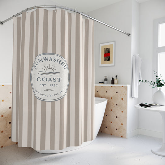 Coastal Sunwashed Stripe Shower Curtain — Beachy Neutral Bathroom Decor - Creations by Chris and Carlos