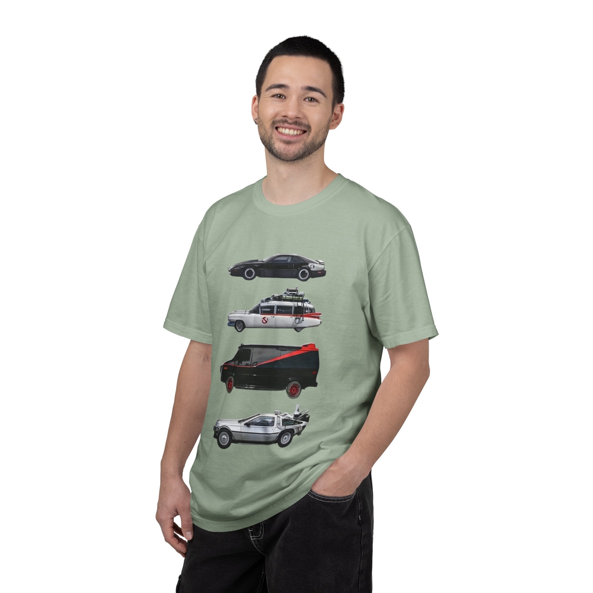Classic TV Movie Car Stack T-Shirt — KITT, Ghostbusters, A-Team & DeLorean Tribute - Creations by Chris and Carlos