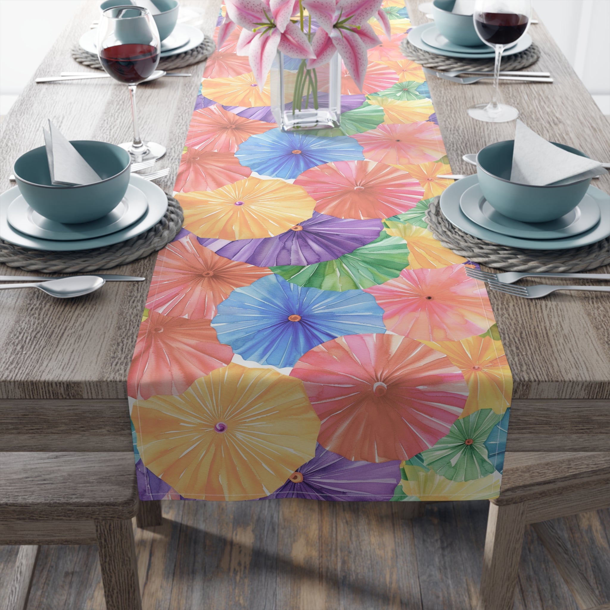 Floral Parasol Pattern Table Runner — Colorful Summer Umbrella Design - Creations by Chris and Carlos