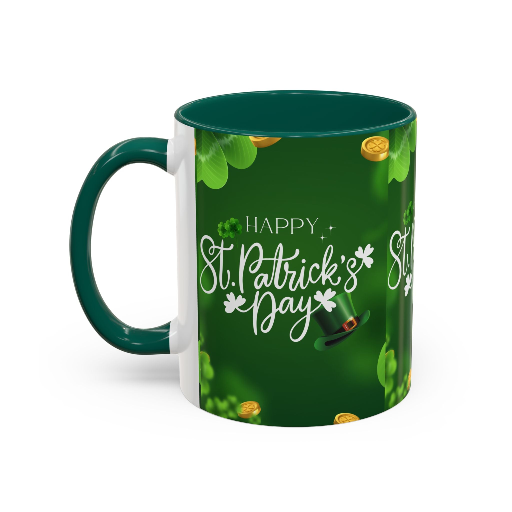 Happy St. Patrick's Day Coffee Mug – Green Shamrock & Gold Coin 11/15oz - Creations by Chris and Carlos