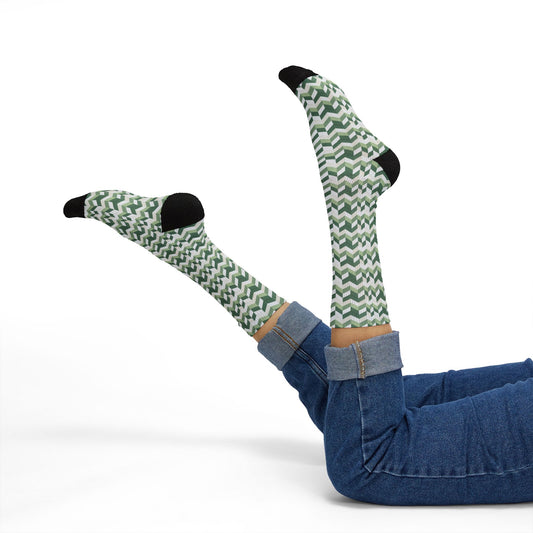 Prism Point Athletic Collection- Green Zigzag Knit-Pattern Sublimation Crew Socks - Creations by Chris and Carlos