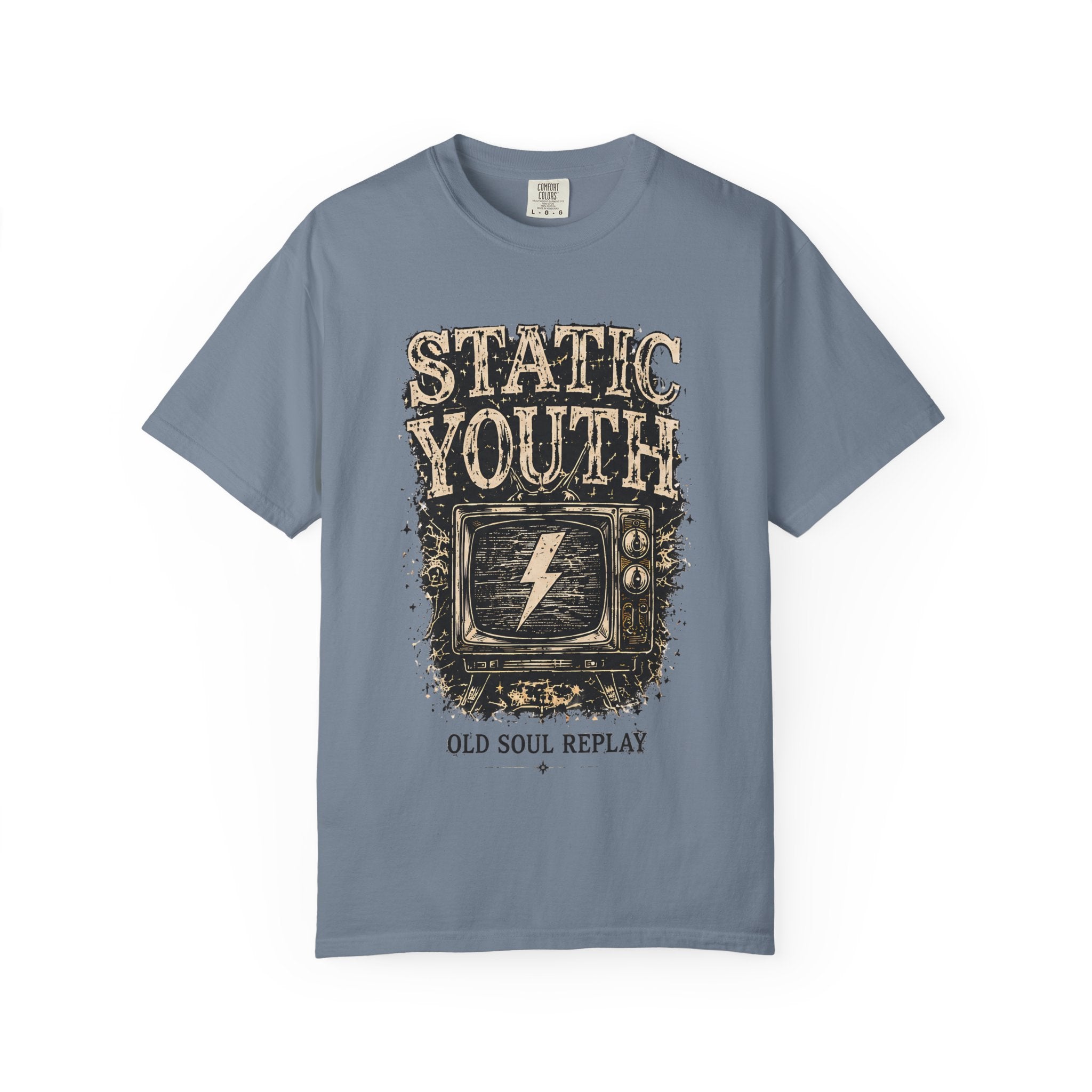 Static Youth Graphic Tee — Vintage TV Lightning Bolt "Old Soul Replay" - Creations by Chris and Carlos