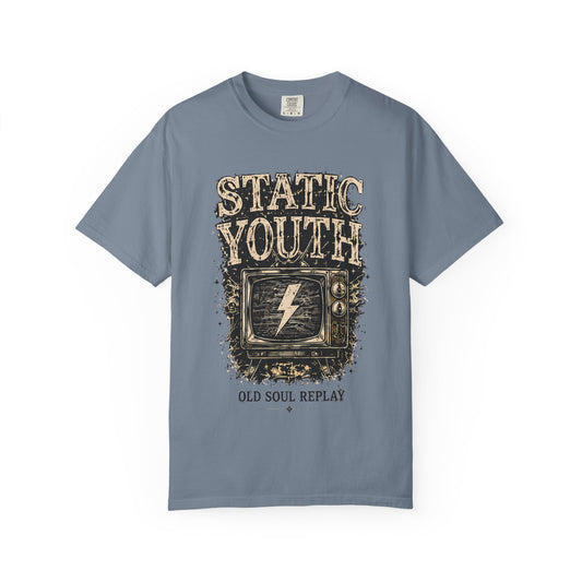 Static Youth Graphic Tee — Vintage TV Lightning Bolt "Old Soul Replay" - Creations by Chris and Carlos