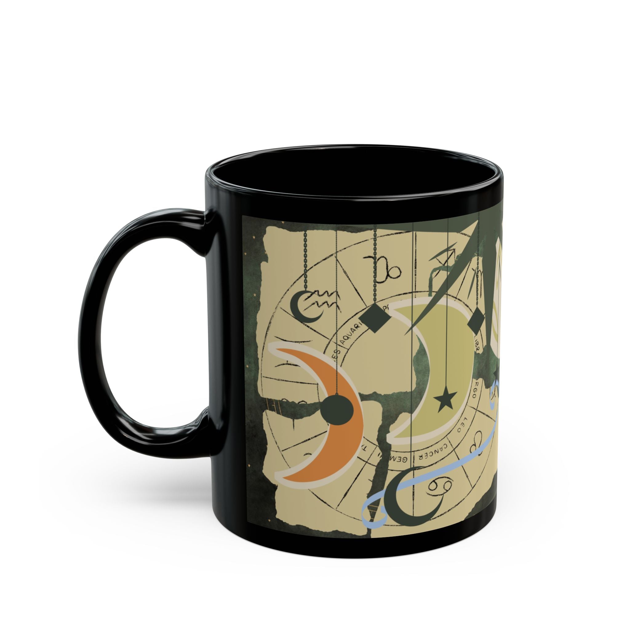 Astrology Moon Phase Mug — Zodiac Symbols & Crescent Moon Black Coffee Cup - Creations by Chris and Carlos