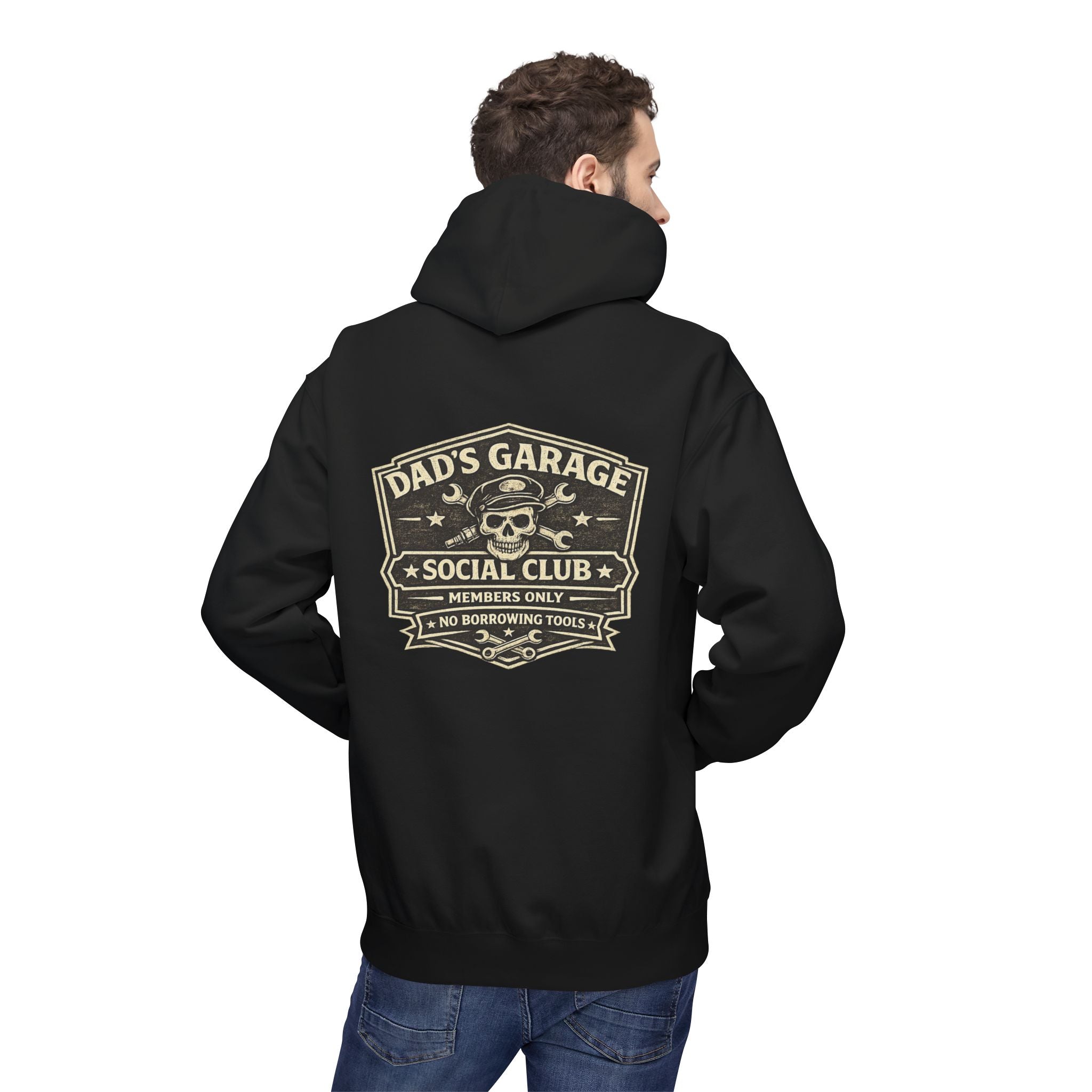 Dad’s Garage Social Club Hoodie — 'No Borrowing Tools' Mechanics Pullover - Creations by Chris and Carlos