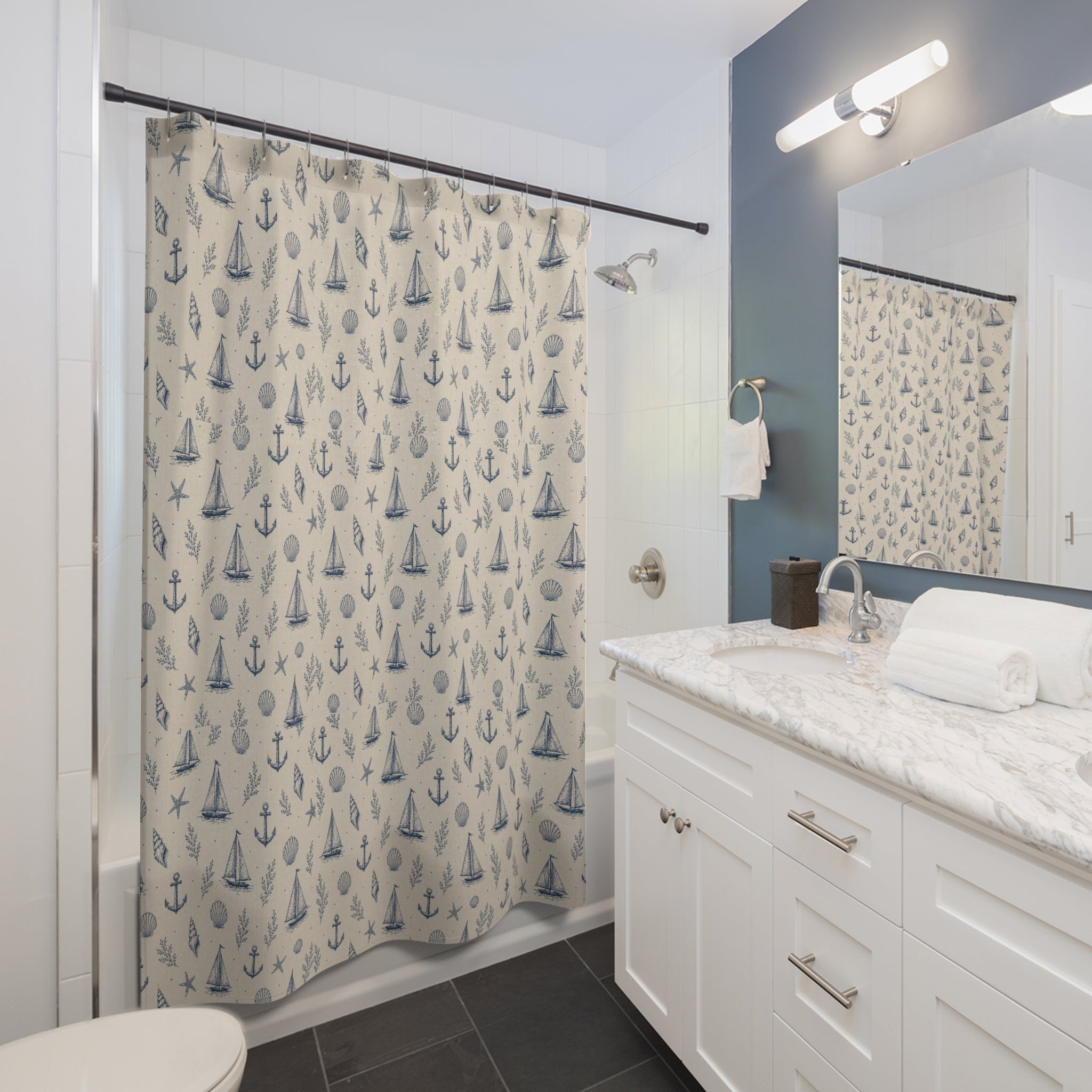 Nautical Sailboat & Anchor Shower Curtain — Coastal Beach Pattern for Bathroom - Creations by Chris and Carlos