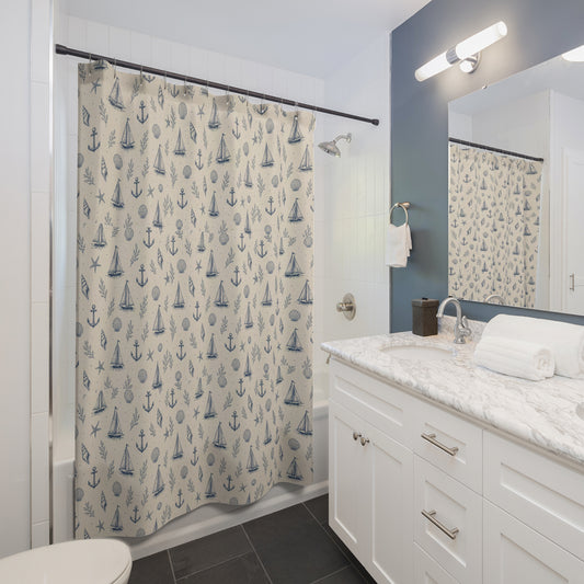 Nautical Sailboat & Anchor Shower Curtain — Coastal Beach Pattern for Bathroom - Creations by Chris and Carlos
