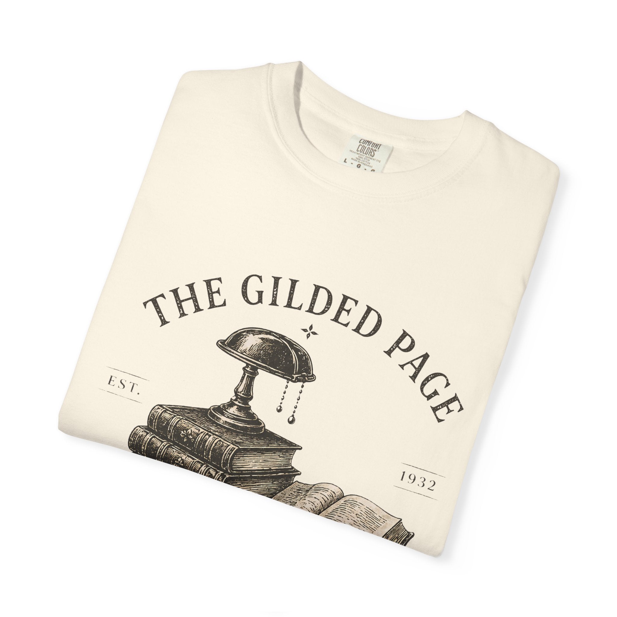 Vintage Book Lovers T‑Shirt — “The Gilded Page: Read More, Overthink Less” - Creations by Chris and Carlos