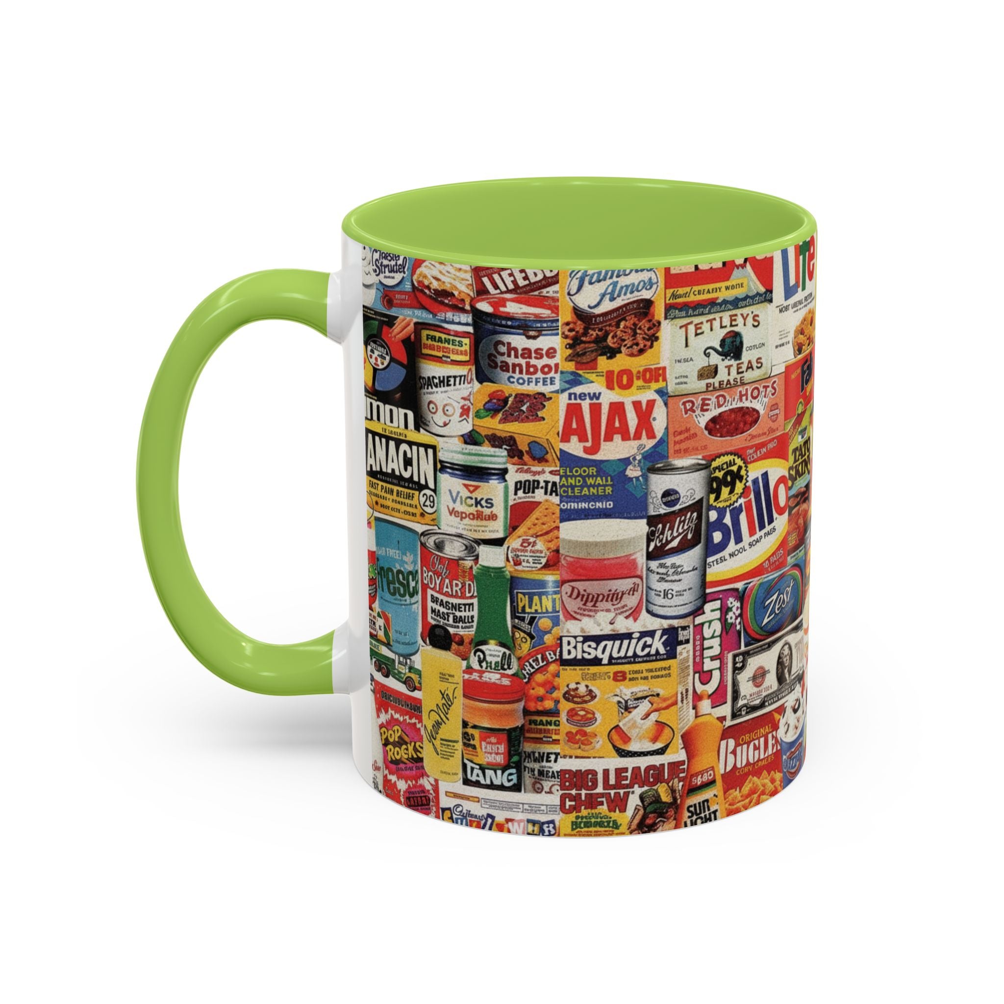 Vintage Retro Ads Coffee Mug — Collage of Classic Brand Labels (11/15oz Accent Mug) - Creations by Chris and Carlos
