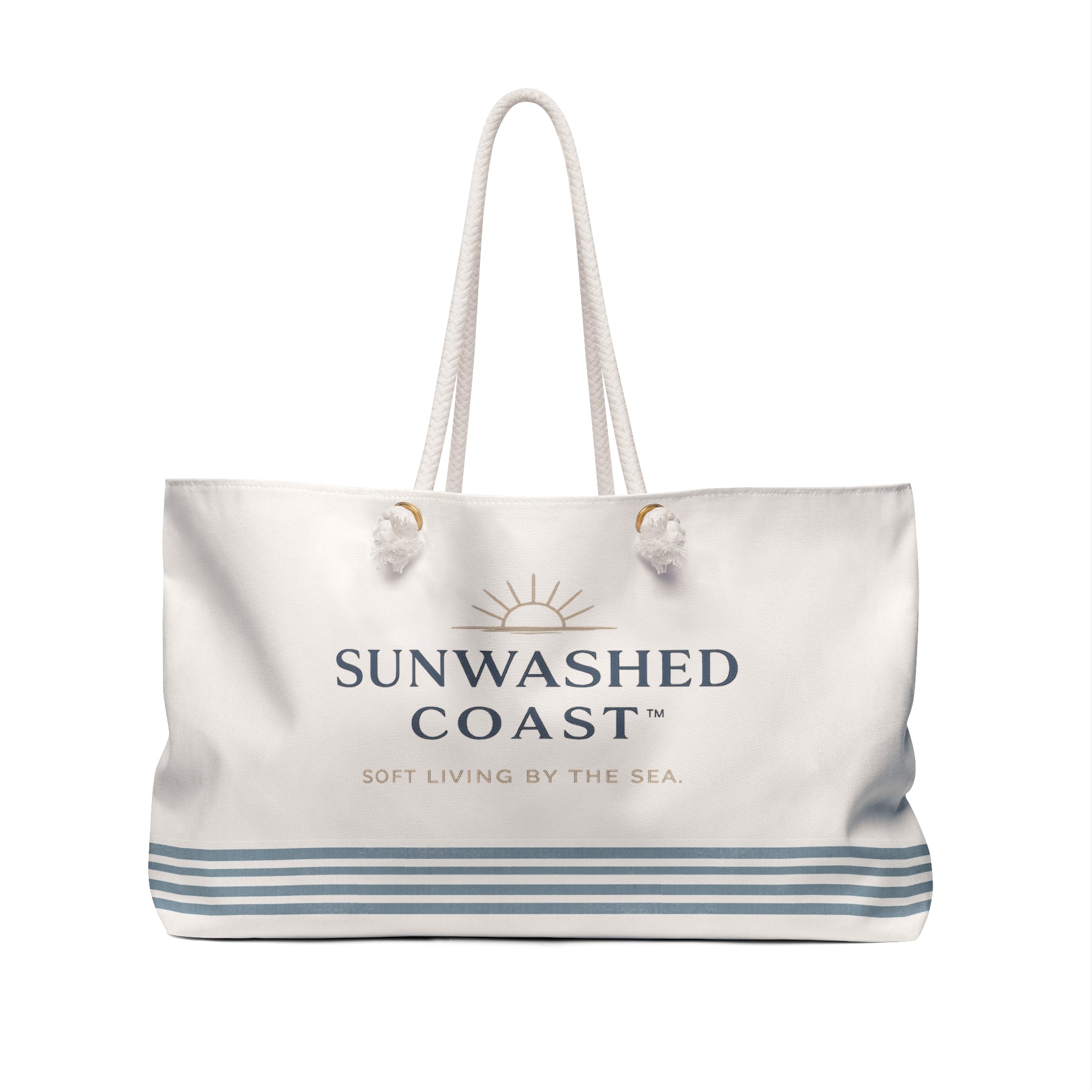 Sunwashed Coast Weekender Bag – Nautical Beach Tote with 'Soft Living by the Sea' Logo - Creations by Chris and Carlos