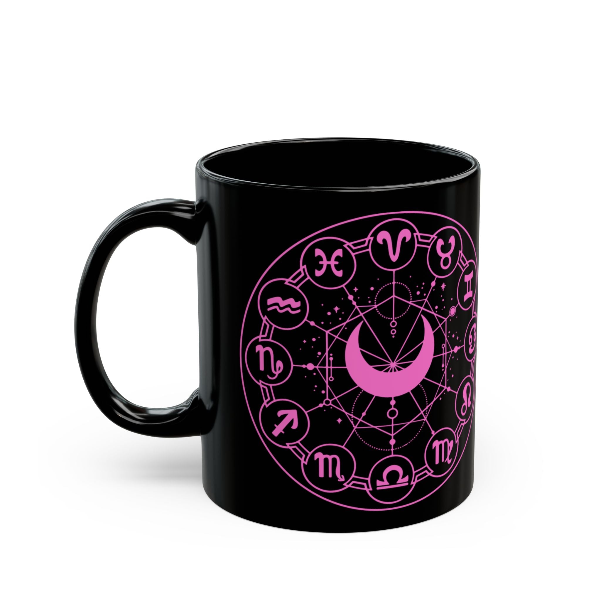 Zodiac Wheel Black Mug — Pink Astrology Symbols Coffee Cup (11oz/15oz) - Creations by Chris and Carlos