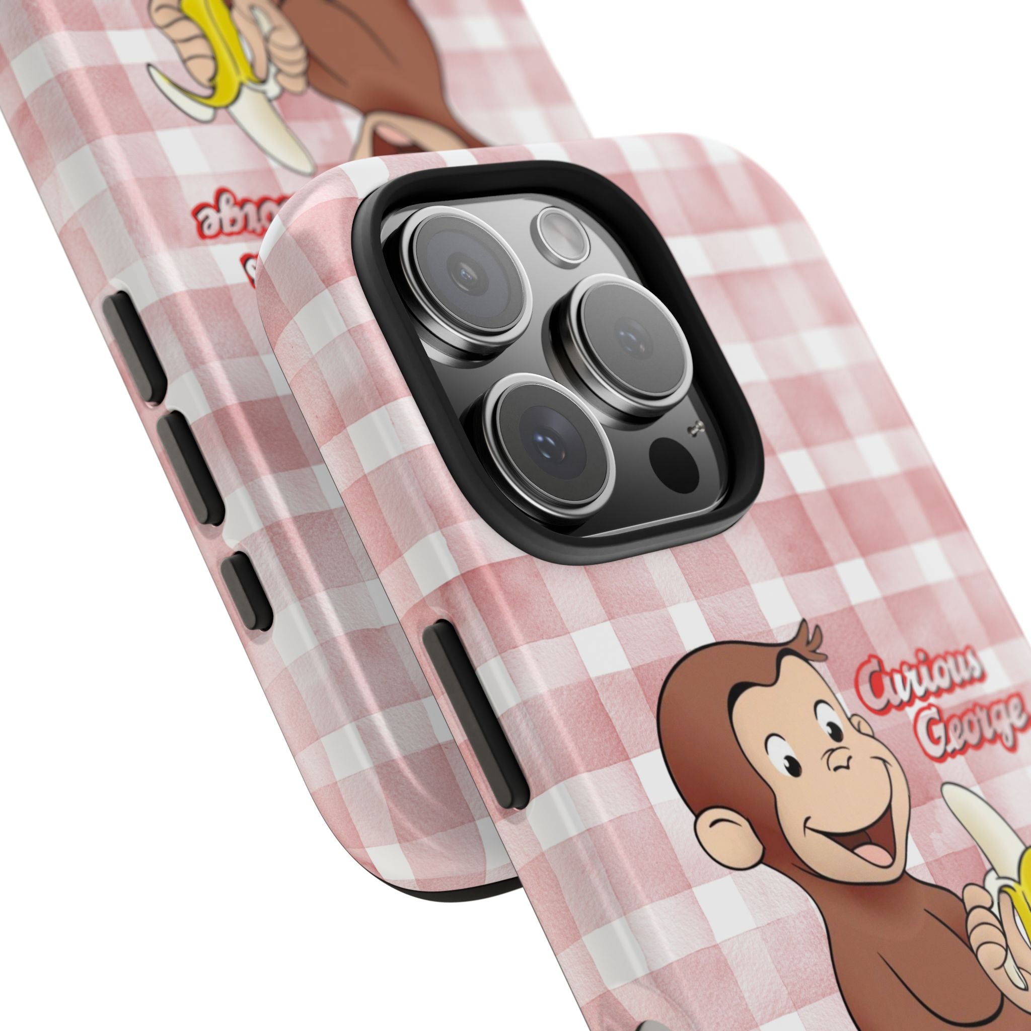 Curious George Banana Tough Phone Case — Cute Kids iPhone Cover, Pink Gingham Protective Case - Creations by Chris and Carlos