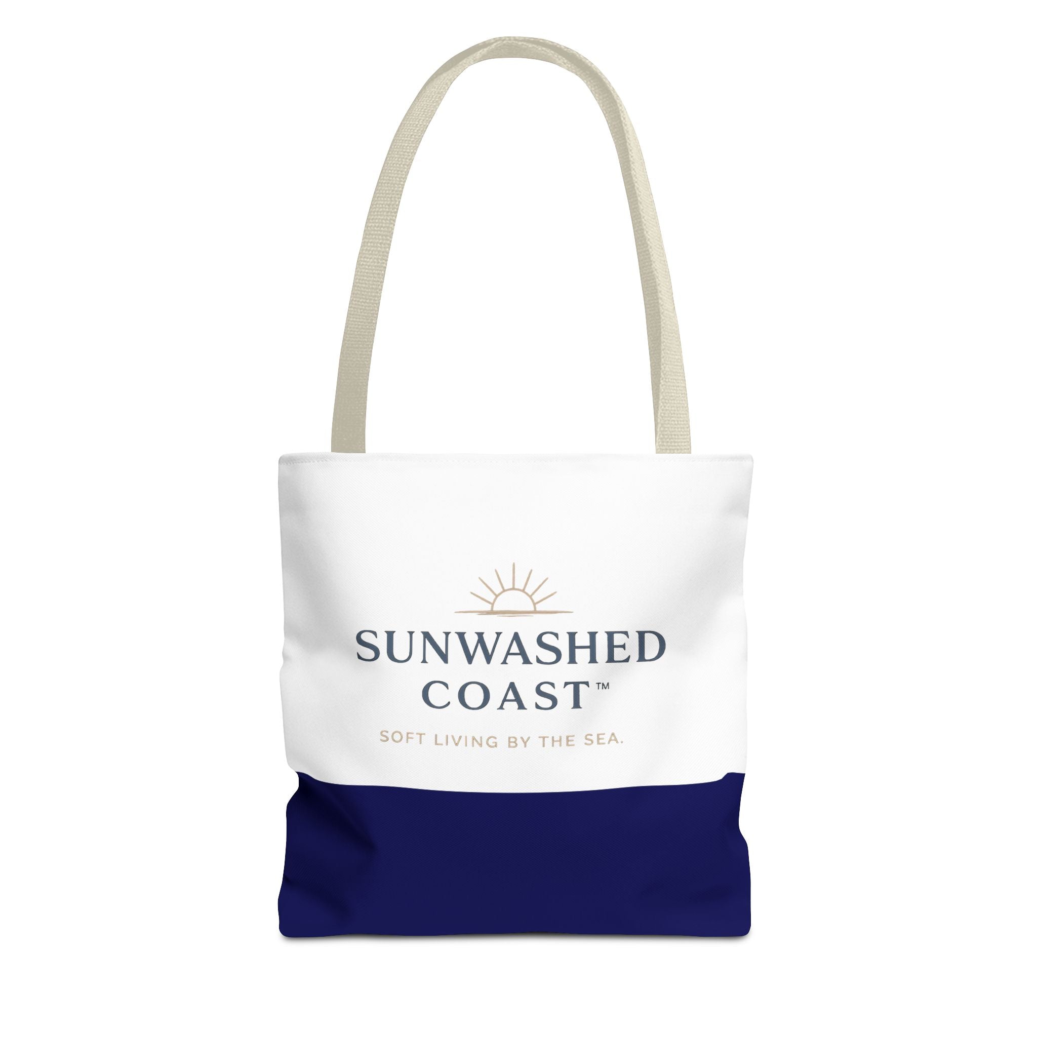 Sunwashed Coast Tote Bag — Coastal Canvas Beach Tote with 'Soft Living by the Sea' Logo - Creations by Chris and Carlos