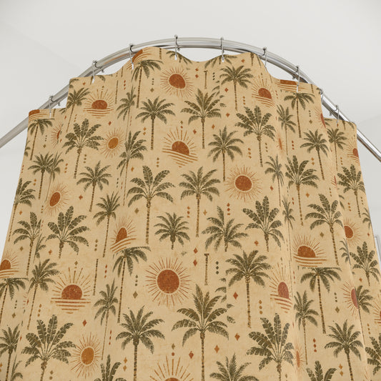 Palm Sunrise Shower Curtain — Vintage Tropical Palm Trees Bathroom Decor - Creations by Chris and Carlos
