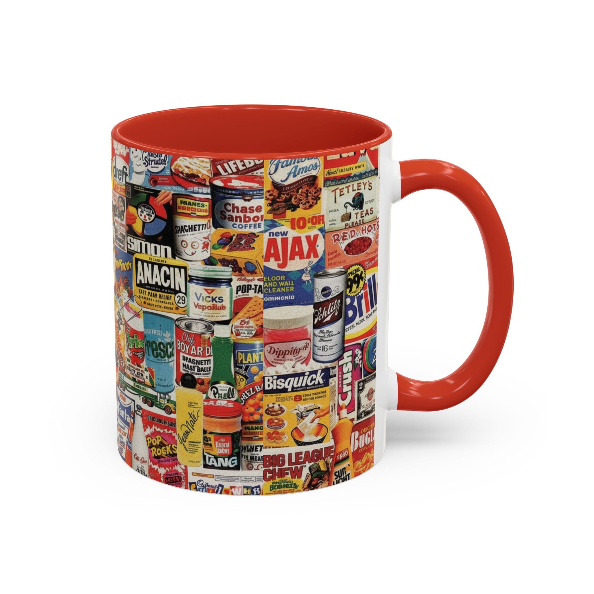 Vintage Retro Ads Coffee Mug — Collage of Classic Brand Labels (11/15oz Accent Mug) - Creations by Chris and Carlos