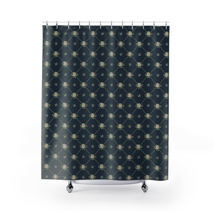 English Ivy & Rose Collection Vintage Floral Lattice Shower Curtain — Navy Rose Pattern