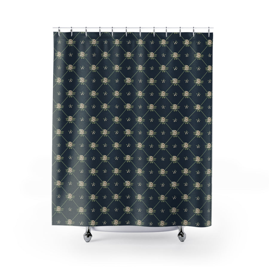 English Ivy & Rose Collection Vintage Floral Lattice Shower Curtain — Navy Rose Pattern