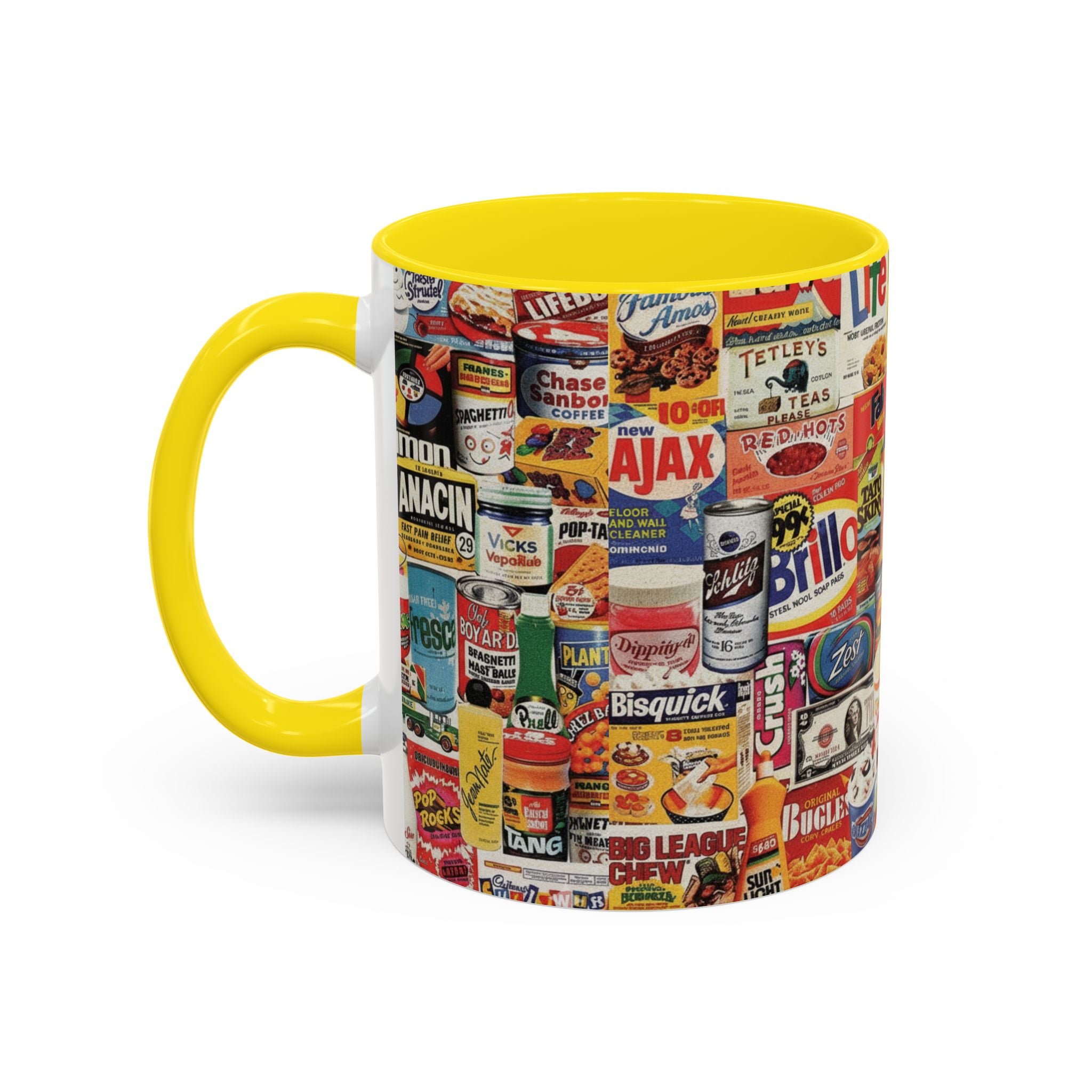 Vintage Retro Ads Coffee Mug — Collage of Classic Brand Labels (11/15oz Accent Mug) - Creations by Chris and Carlos