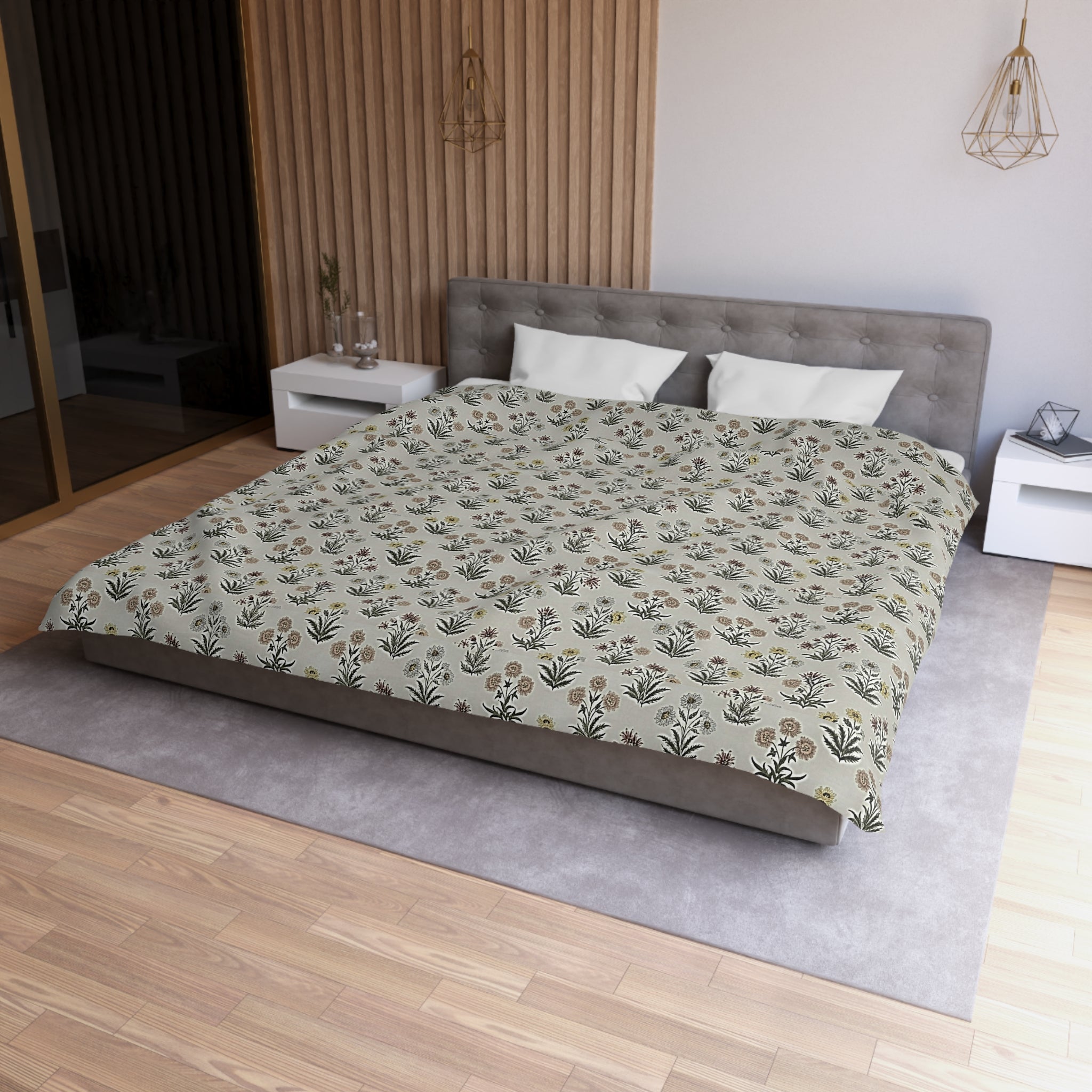 Floral Folk Pattern Duvet Cover — Neutral Microfiber Bedding - Creations by Chris and Carlos