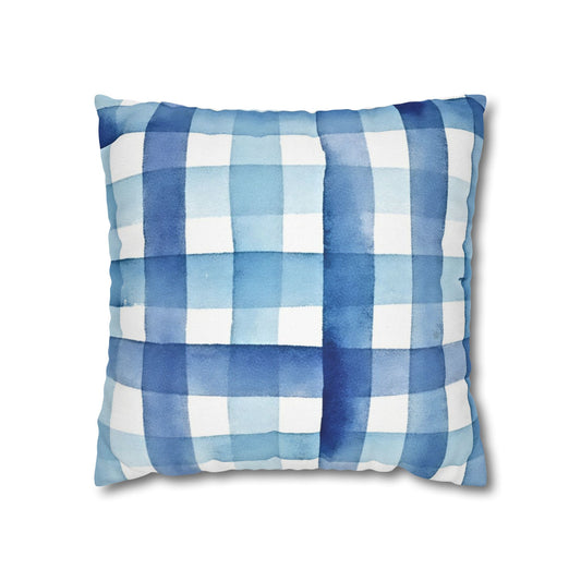 The Artisanal Flora Gallery Blue Watercolor Plaid Pillowcase — Square Decorative Throw Pillow Cover - Creations by Chris and Carlos