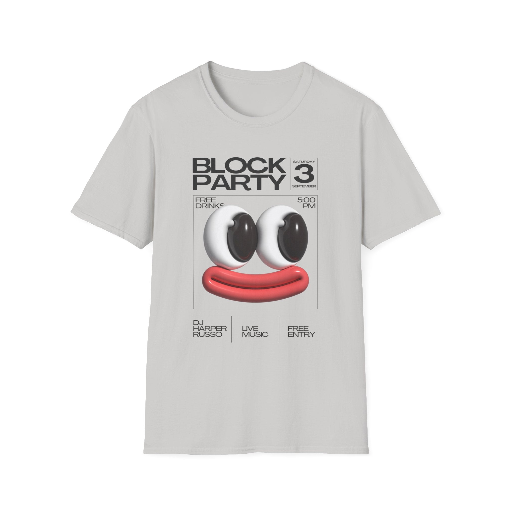 Block Party 3 Graphic Tee — 3D Smile Face Music Festival T-Shirt - Creations by Chris and Carlos