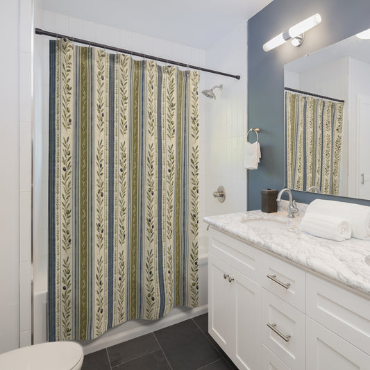 Shower Curtain - Olive Branch Stripe Vintage Farmhouse Bathroom Decor - Creations by Chris and Carlos