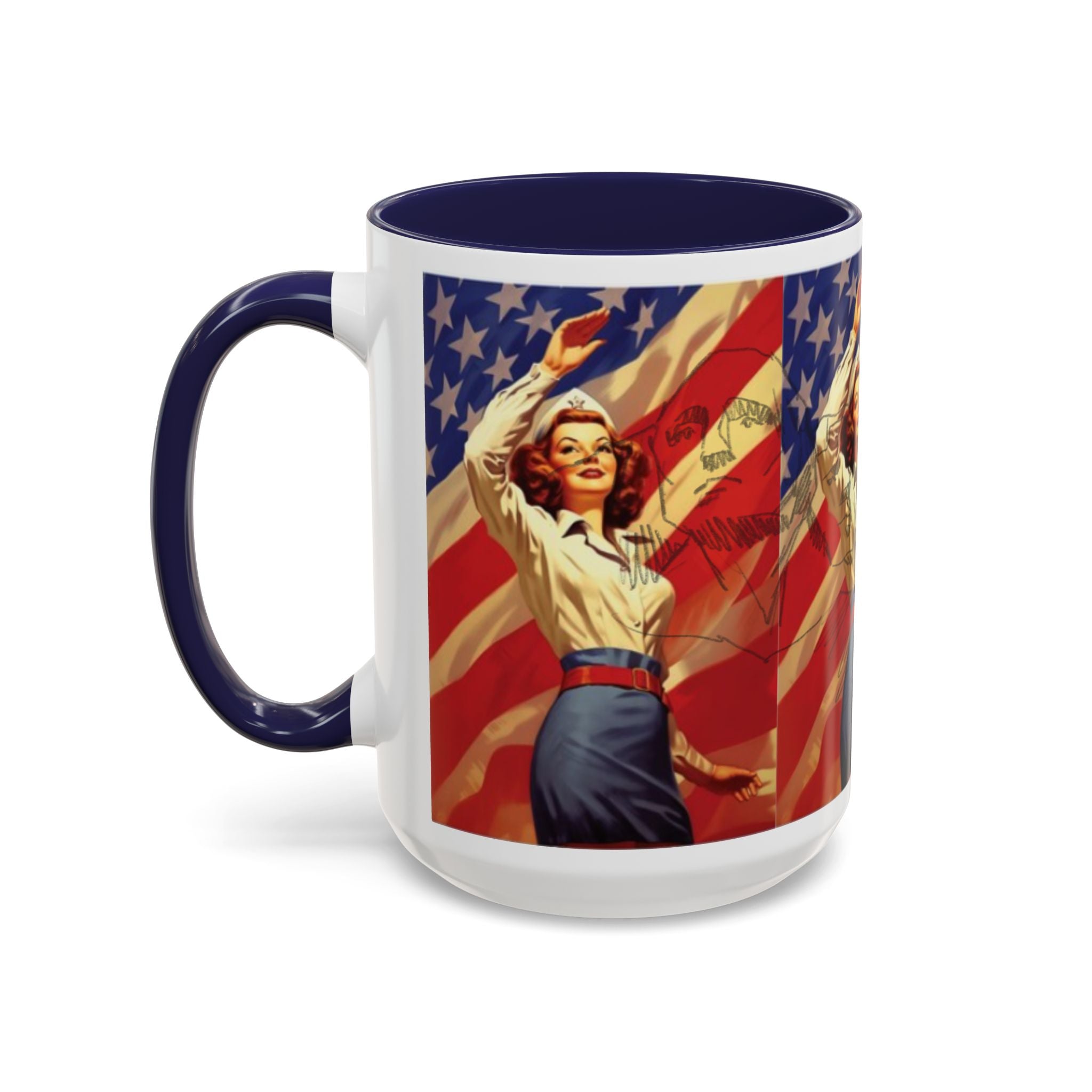 Patriotic Pin-Up Coffee Mug — Vintage American Flag Accent (11/15 oz) - Creations by Chris and Carlos