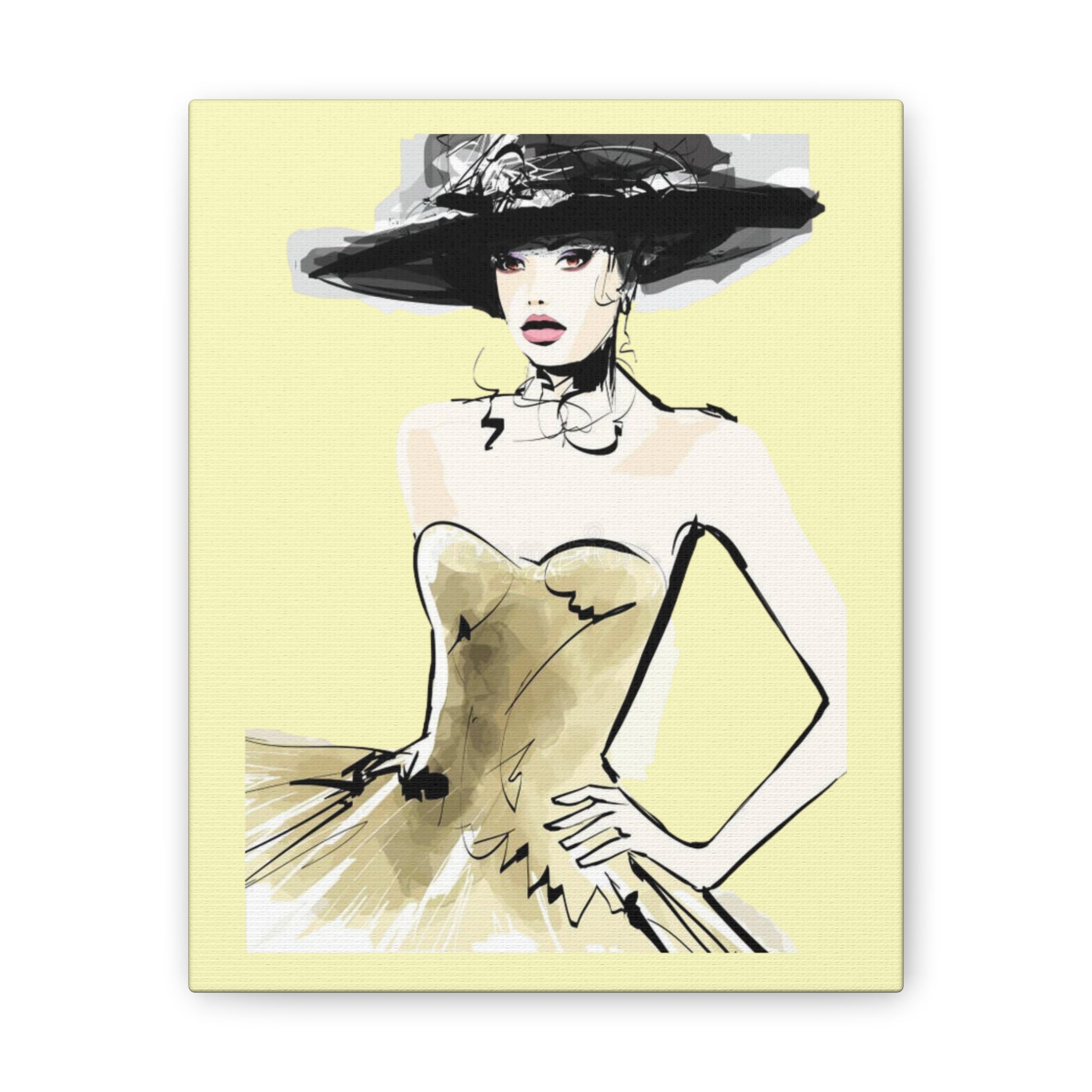 Fashion Illustration Canvas Wall Art - Elegant Woman in Gold Dress (Stretched Canvas) - Creations by Chris and Carlos
