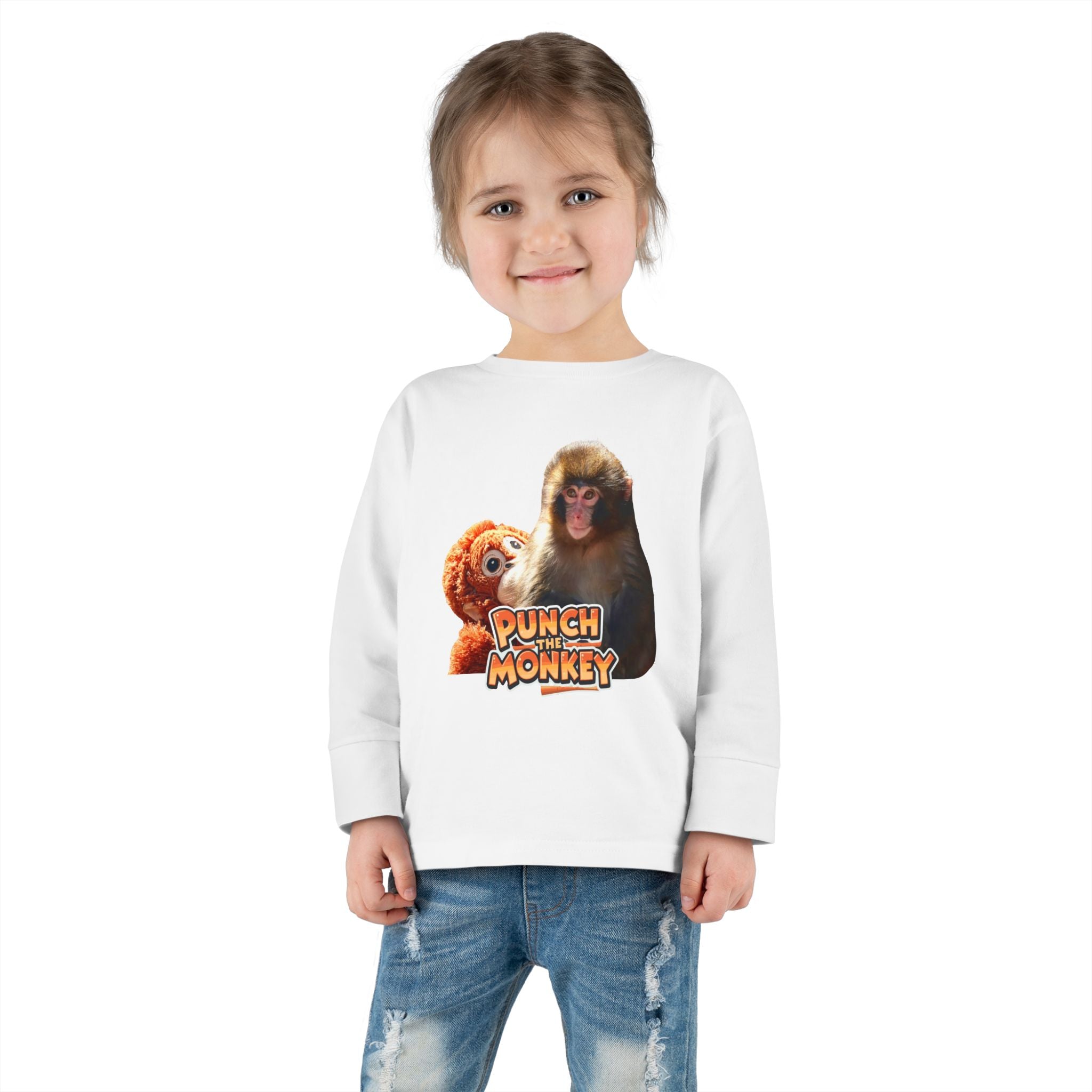 Punch Monkey Toddler Long Sleeve Tee Cute Monkey & Plush Character Shirt for Kids - Creations by Chris and Carlos