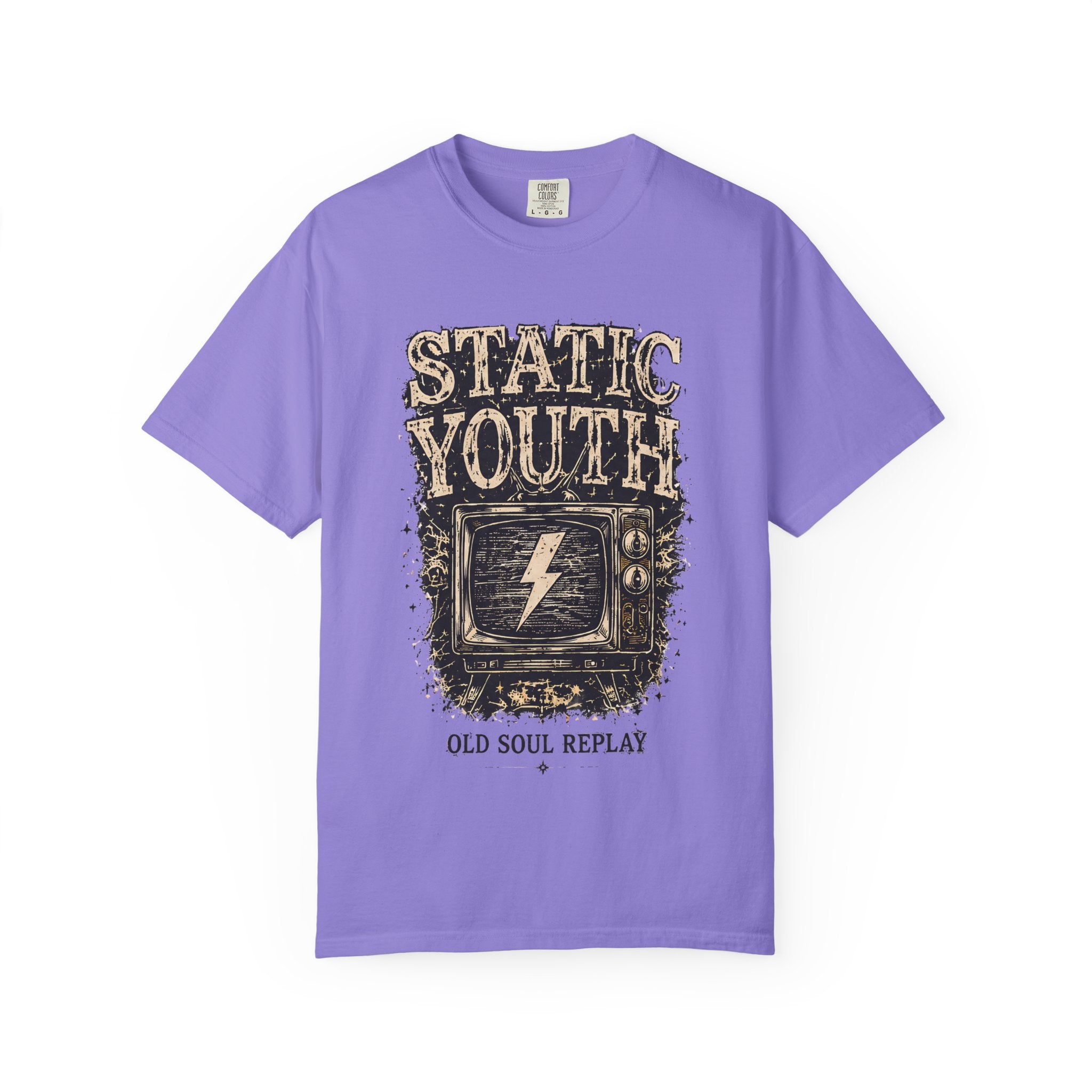 Static Youth Graphic Tee — Vintage TV Lightning Bolt "Old Soul Replay" - Creations by Chris and Carlos