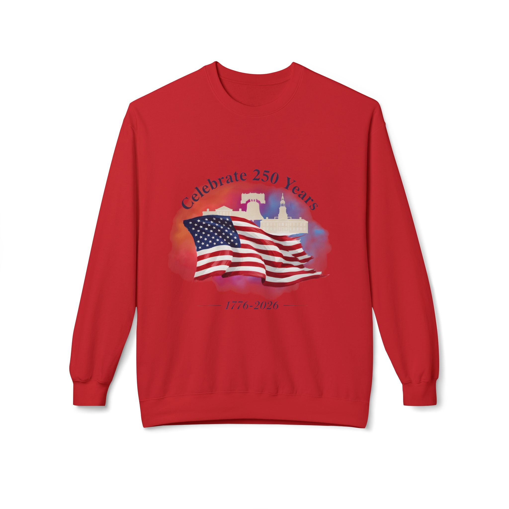 Crewneck Sweatshirt — "Celebrate 250 Years" American Flag 1776–2026 Patriotic Pullover - Creations by Chris and Carlos