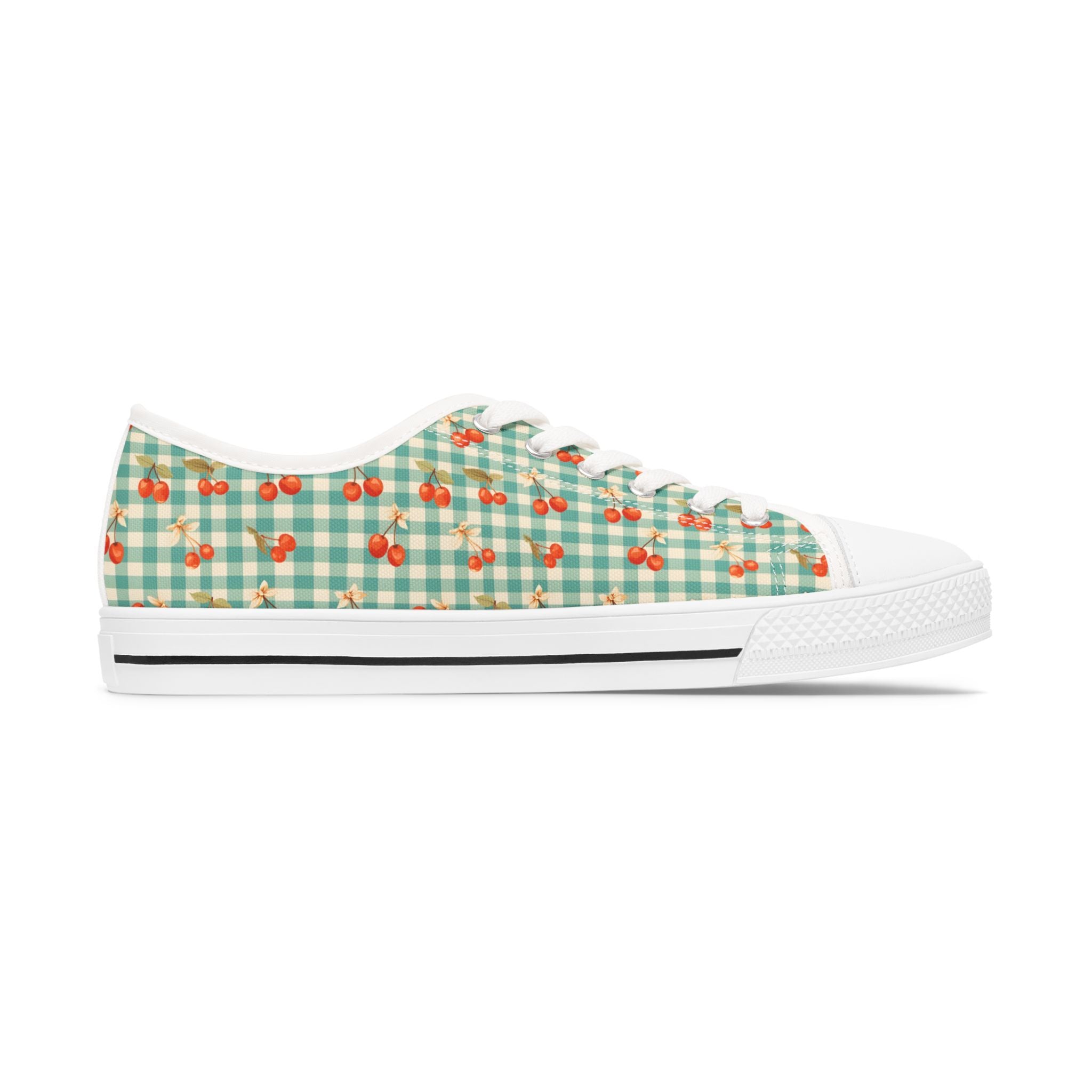 Low Top Sneakers — Mint Gingham with Cherry Print Casual Canvas Shoes - Creations by Chris and Carlos