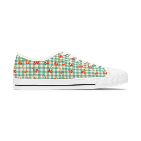 Low Top Sneakers — Mint Gingham with Cherry Print Casual Canvas Shoes - Creations by Chris and Carlos